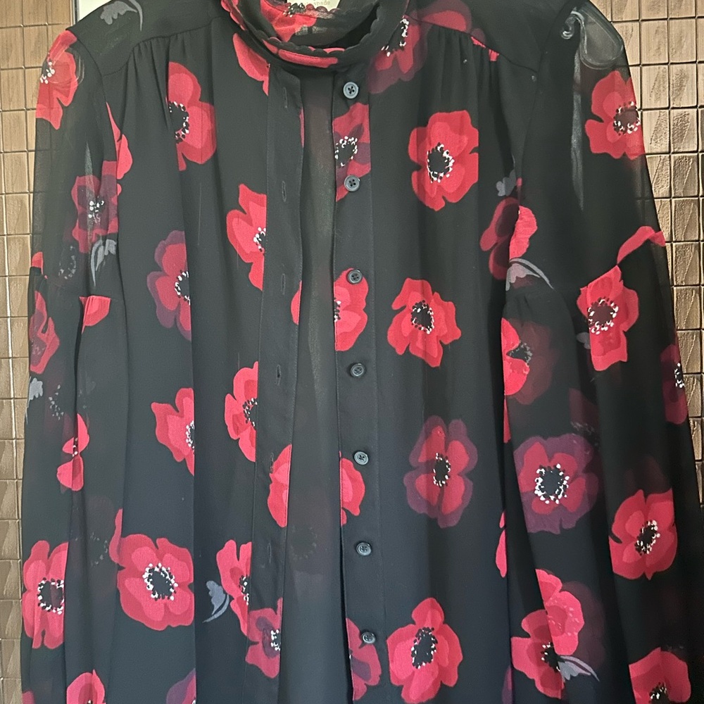 Kate Spade Black Blouse with Red Floral Design